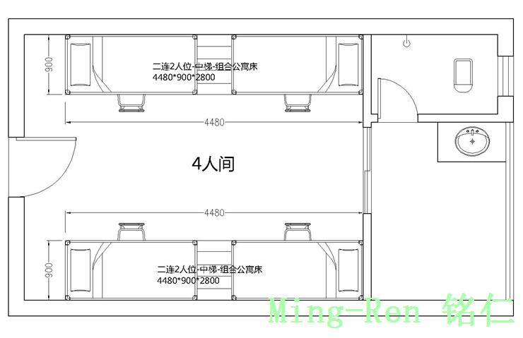 二连2人位- 中梯-组合公寓床-4人间平面布局图